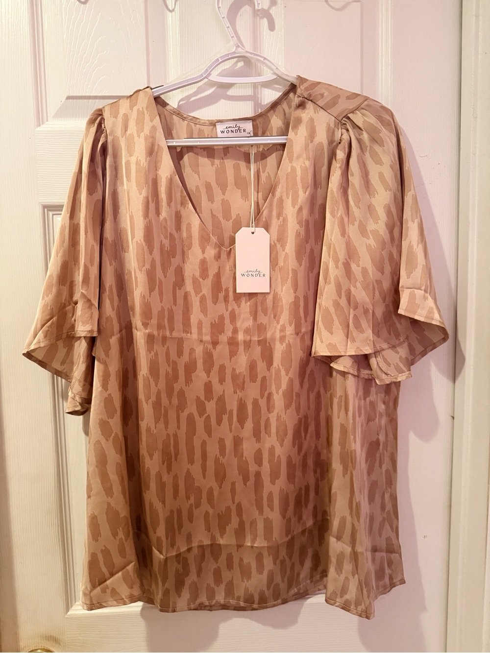 Emily Wonder Beige Printed V-Neck Flutter Sleeve Blouse